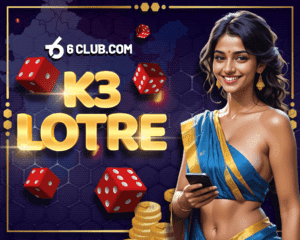 6Club K3 Lotre game with Indian woman holding smartphone, dice, and coins.